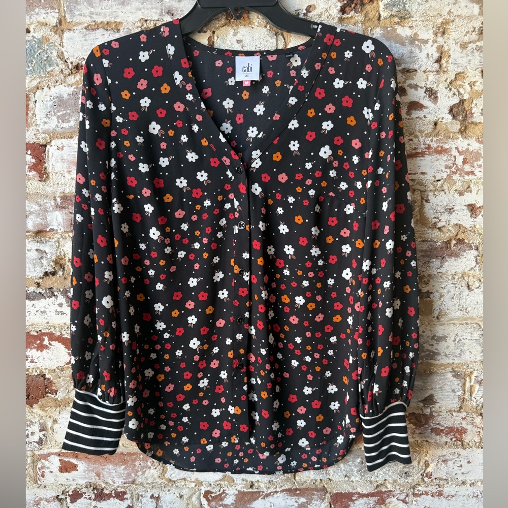 CAbi Black Top with Red and Orange Floral Pattern